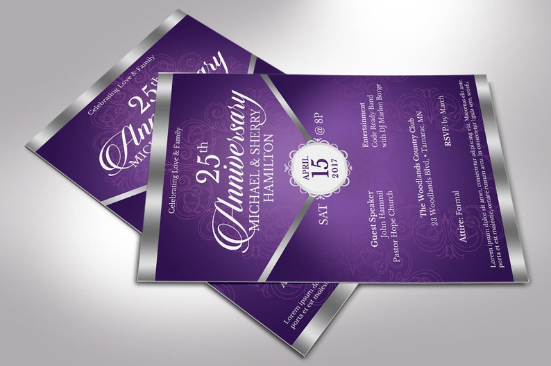 Purple Silver Anniversary Flyer Template - Word and Publisher is 5.5x8.5 inches. The Banquet Invitation is created with a deep lavender background and highlighted with silver. Great for church anniversaries, wedding anniversaries, pastor appreciation