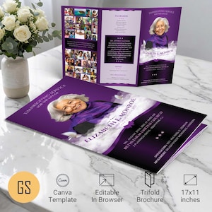 May include: A trifold brochure with a purple and white design, featuring a portrait of Elizabeth E. Monroe. The brochure includes text about a Thanksgiving service and is 17x11 inches.