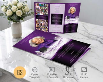 Plantilla de programa funerario Purple Ribbon para Canva: obituario conmemorativo en formato tríptico (11 x 17) descarga digital