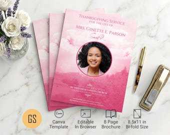 Pink Sky Funeral Program Template for Canva: 8-Page Bifold Memorial Obituary (8.5x11) Digital Download