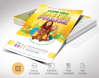 Plantilla de folleto para niños del Domingo de Pascua: Invitación a la búsqueda de huevos de Pascua para niños (Canva, 4x6) Descarga digital