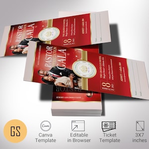 Szablon biletu na bankiet z podziękowaniami dla pastora, Canva, Red Gold, rocznica kościoła, wydarzenie charytatywne, edytowalny wydruk do pobrania cyfrowego 3x7"