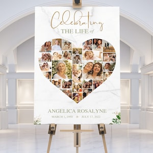 Transform your cherished memories into a beautiful tribute with the Tropica Funeral Heart Photo Collage Template for Canva. This large funeral welcome sign features a Photo Heart Shape Collage that showcases your loved ones special moments