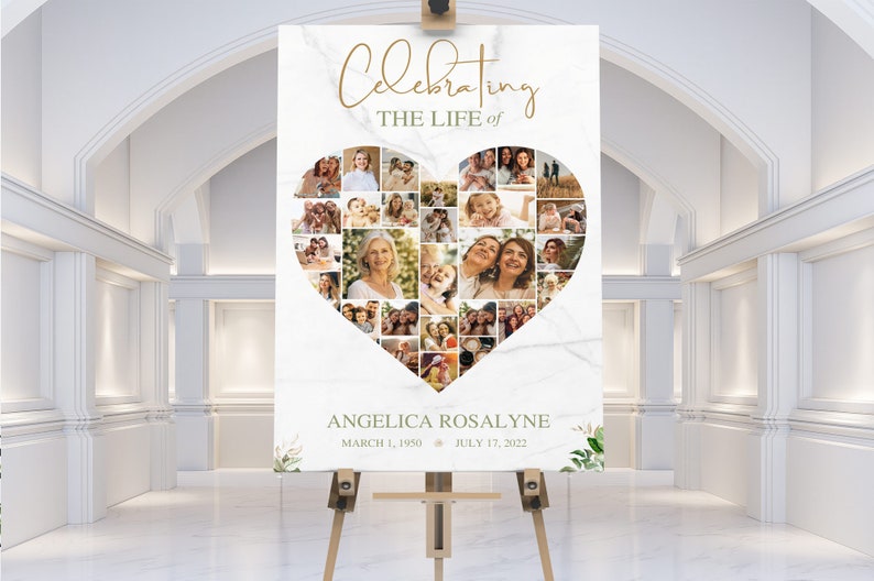 Transform your cherished memories into a beautiful tribute with the Tropica Funeral Heart Photo Collage Template for Canva. This large funeral welcome sign features a Photo Heart Shape Collage that showcases your loved ones special moments