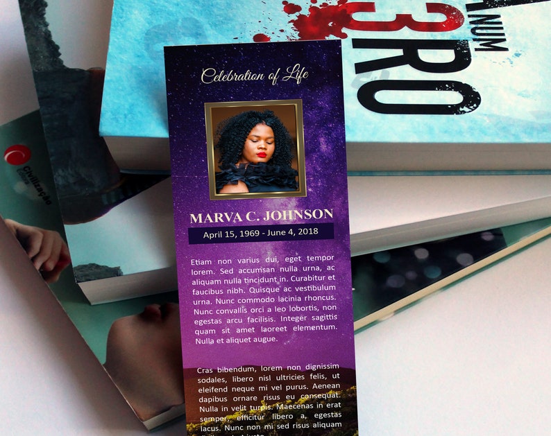 Vineyard Funeral Bookmark Word and Publisher Template is 2.5”x8”. The Vineyard image with the purple and lavender sky, and featured green foliage makes this a great gift to remember your loved one with dignity.