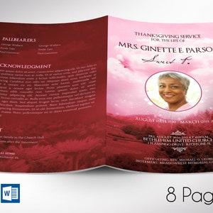 Pink Sky Funeral Program Template | Word Template, Publisher | Celebration of Life | 8 Pages | Bifold to 5.5x8.5 inches