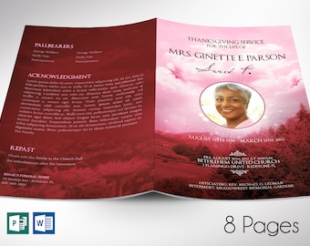 Pink Sky Funeral Program Template | Word Template, Publisher | Celebration of Life | 8 Pages | Bifold to 5.5x8.5 inches