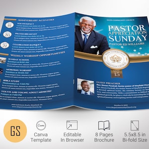 Blue & Gold Pastor Appreciation Program Template (Canva, 5.5x8.5 in)