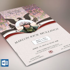 American Marine Funeral Program Template Set, Word and Publisher, Green Red Gray, Celebration of Life, Men's Obituary, 4 Pages, 5.5x8.5"
