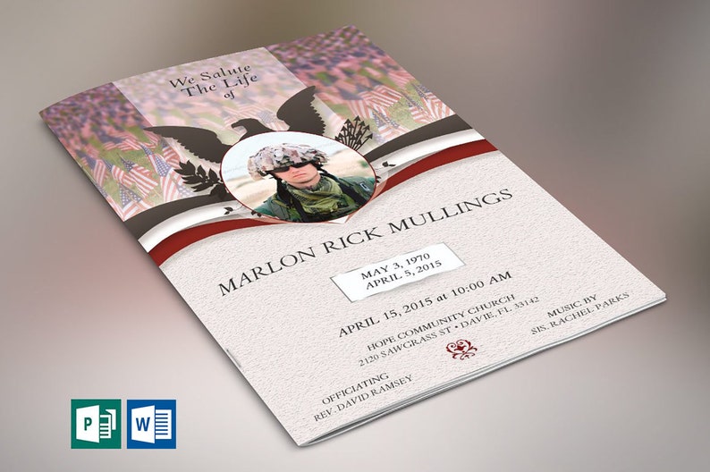 American Marine Funeral Program Template for Word and Publisher has 4 pages and features symbolic Marine colors with decorative text and imagery. The obituary template is great for memorial services and funeral services. Print Size is 11x8.5 inches