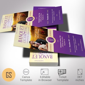 Pastor Bankett Jubiläumsticket Vorlage für Canva, Purple Gold, Jubiläum der Kirche, Eventticket für Benefizveranstaltungen, 7,5 x 18 cm