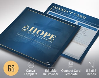 Church Connect Card Template for Canva - Blue Square | New Here Guest Card | Welcome | 2 Sides  | Size 5.5x5.5 inches