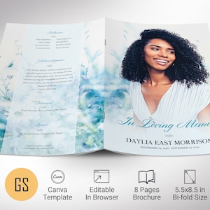 Plantilla de programa funerario Sky Blue Love para Canva, celebración de la vida, servicio conmemorativo, plantilla de obituario de mujeres, 8 páginas, 5,5 x 8,5 pulgadas