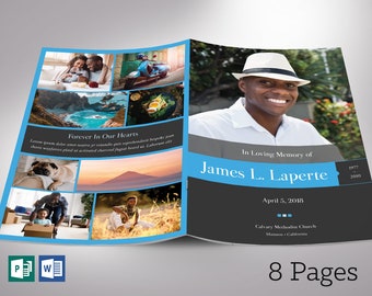 Blue Remember Funeral Program Template, Word Template, Publisher, Celebration of Life, Memorial Service, 8 Pages, 5.5x8.5 in
