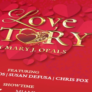 Valentines Day Love Story Ticket Template for Word and Publisher is Size 3x7 inches. It is created with red hearts, red background, and a golden title. Great for any Valentine's Day performance art event like plays, operas, musicals, short movies