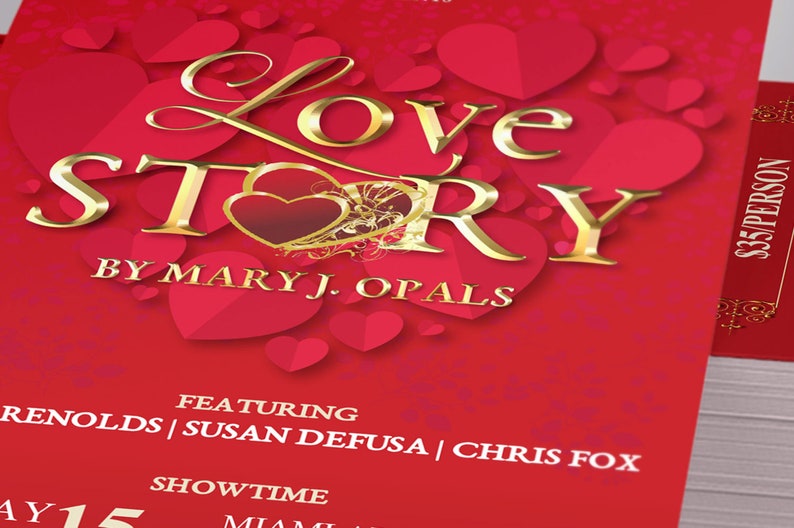 Valentines Day Love Story Ticket Template for Word and Publisher is Size 3x7 inches. It is created with red hearts, red background, and a golden title. Great for any Valentine's Day performance art event like plays, operas, musicals, short movies