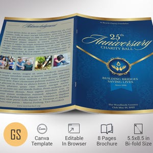 Può includere: Opuscolo piegato in due con un design blu e oro, con il testo "25th Anniversary Charity Ball". L'opuscolo include il testo "Building Bridges, Saving Lives" e misura 14 x 21,6 cm.