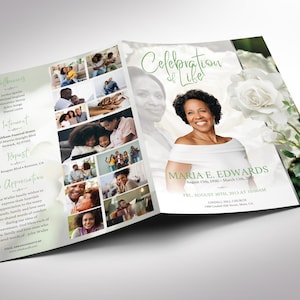 White Rose Funeral Program Template for Canva. This beautifully designed template features four pages with a stunning white rose photo, combined with a green, white and gray background, and serif text. The US Tabloid Print Size of 17x11 inches bifold to 8.5x11 inches, making it a perfect fit for any program