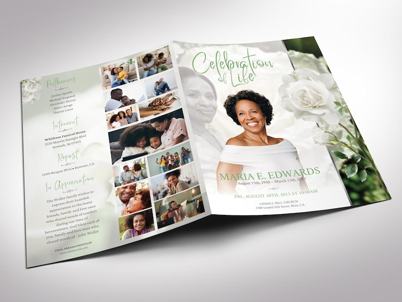 White Rose Funeral Program Template for Canva. This beautifully designed template features four pages with a stunning white rose photo, combined with a green, white and gray background, and serif text. The US Tabloid Print Size of 17x11 inches bifold to 8.5x11 inches, making it a perfect fit for any program