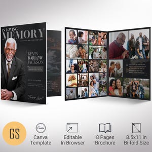 Plantilla de programa funerario estilo revista: Negro y gris, 8 páginas (Descarga digital)
