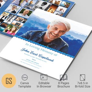 May include: A bi-fold brochure with a blue and white design, featuring a portrait of a smiling man. The brochure includes the text "In Loving Memory of John East Copeland" and is 7x8.5 inches in size.
