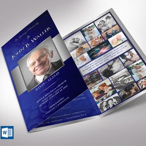 Conjunto de plantillas para programa funerario tríptico azul plateado, Word y editor V1, celebración de la vida, plantilla de obituario para hombres, tamaño 11 x 8,5 pulgadas