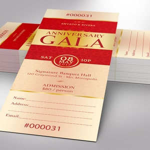 Elegant Anniversary Gala Ticket Word Publisher Template, Size: 2”×6”, is designed with red and gold, and 7 additional color backgrounds are included. Great for Church Anniversary Banquets, Pastor Anniversary Galas, and Balls.