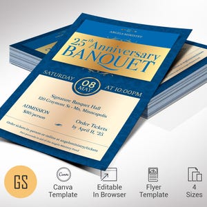 Flyer d&#39;anniversaire de l&#39;église élégante : faire-part de gala victorien bleu et or (téléchargement numérique modèle canevas)