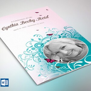 Pode incluir: Um design floral rosa e turquesa com borboletas e uma foto em preto e branco de uma mulher. O texto diz "A Celebration of Life Cynthia Becky Reid March 12, 1953 - November 12, 2014".