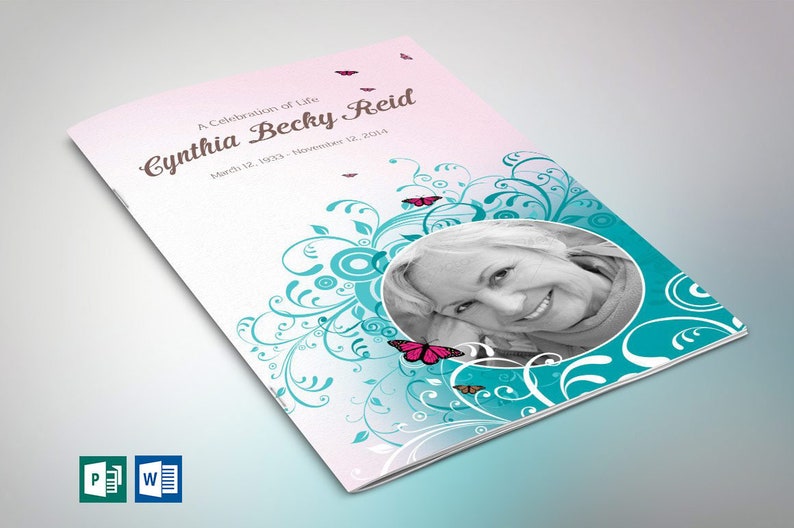 Teal Pink Funeral Program Template, Word Template, Publisher, Butterfly Celebration of Life, Obituary, 4 Pages, 5.5x8.5 in image 1
