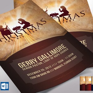 Conjunto de modelos de folhetos de história de Natal, Word e Publisher, marrom bordô, cartão postal de convite para cantata musical da igreja, cena da natividade, 4 x 6 pol.