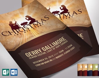 Christmas History Flyer Template | Word Template, Publisher, Burgundy Brown, Church Invitation, Nativity Scene, 4x6 in