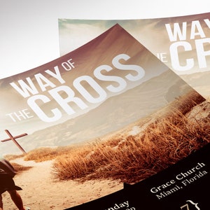 Cross Way Easter Flyer Template for Canva is Size 5.5x8.5 inches. The design depicts a man running on a path toward a cross. The Church Invitation Postcard is for church Easter Services, Sermon Series, and Easter Cantatas.