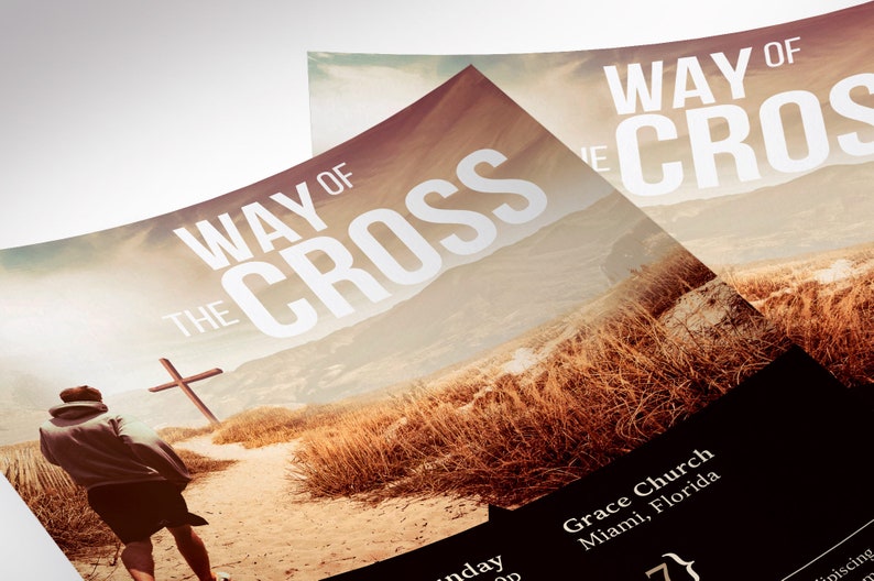 Cross Way Easter Flyer Template for Canva is Size 5.5x8.5 inches. The design depicts a man running on a path toward a cross. The Church Invitation Postcard is for church Easter Services, Sermon Series, and Easter Cantatas.