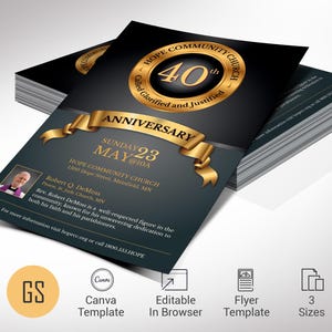 Flyer anniversaire église noir et or : élégante invitation à un banquet (téléchargement numérique modèle canva)