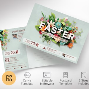 Modello di cartolina di Pasqua floreale per Canva 2, invito al servizio religioso color verde acqua, domenica di Resurrezione, stampabile modificabile, conforme a EDDM