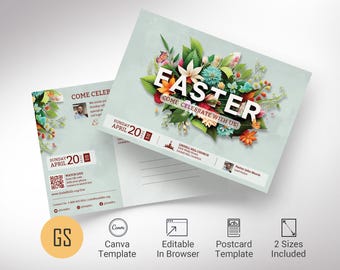 Op de afbeelding: Een ansichtkaart met een bloemmotief en de tekst "Easter Come Celebrate With Us!" De ansichtkaart bevat ook de datum "Sunday April 20th" en de naam van een kerk, "Lindell Hill Church".