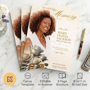 White Rose Funeral Program Template: Beige & Gold, 8-Page Canva Obituary (Digital Download 8.5x11" Bifold)