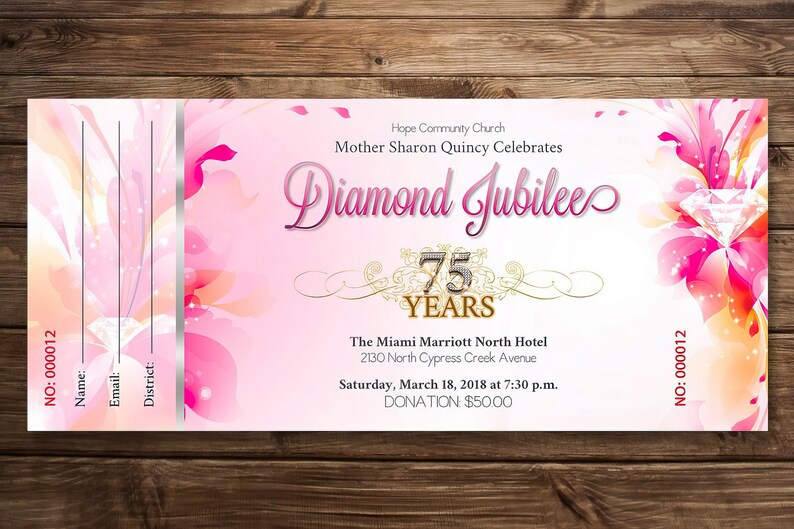 Church Anniversary Ticket Template for Word and Publisher, Fuchsia and Pink Banquet Ticket, Pastor Gala 7x3 inches image 5