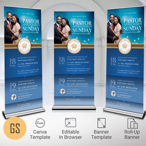 Pastor Appreciation Banner Template: Blue & Gold Church Sign (Canva, Digital Download)
