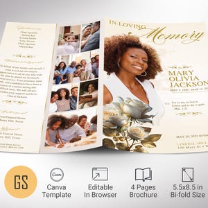 Plantilla clásica de programa funerario de rosas, Canva, beige dorado, estilo revista, obituario de mujer, celebración de la vida, 4 páginas, plegable, 5,5 x 8,5 pulgadas