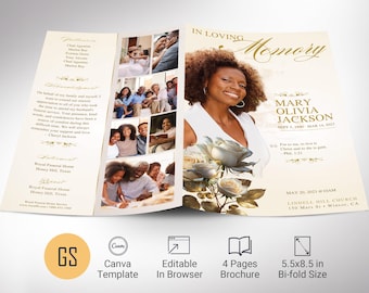 Classic Rose Funeral Program Template | Canva: Beige & Gold 4-Page Memorial Obituary (5.5x8.5) Digital Download