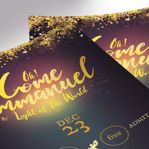 Emmanuel Christmas Flyer Word Publisher Template, Size 5 x 8 inches,  is for events during the Christmas season. Great for Christmas Cantatas, Plays, Pageants, Banquets, Dinner Dance, etc. It has a deep night blue background and golden stars.