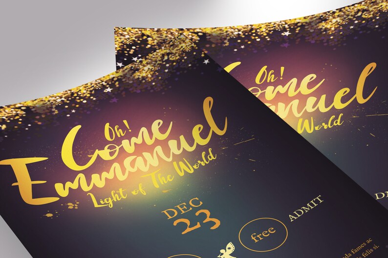 Emmanuel Christmas Flyer Word Publisher Template, Size 5 x 8 inches,  is for events during the Christmas season. Great for Christmas Cantatas, Plays, Pageants, Banquets, Dinner Dance, etc. It has a deep night blue background and golden stars.