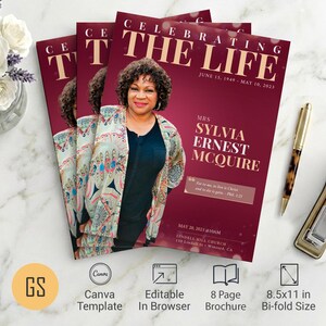 Burgundy & Gold Funeral Program Template for Canva: 8-Page Magazine-Style Bifold Obituary (8.5x11) Digital Download