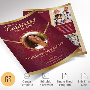 May include: A burgundy funeral program with gold detailing. The cover states "Celebrating the Life of Marcia Yvette Meadows." Features a photo, floral design, and event details. The program is 21.59cm x 27.94cm.