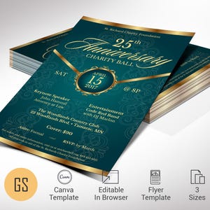 May include: A stack of teal and gold event flyers. The top flyer features the text "25th Anniversary Charity Ball" with event details, including the date, time, and location. The flyer also includes the text "Keynote Speaker" and "Entertainment".