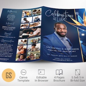 Puede incluir: Un programa funerario azul y dorado con una foto de un hombre con un traje azul. El programa incluye el texto "Celebration of Life", "Anthony E. Edwards", "August 15th, 1930 - March 13th, 2013", "Fri. August 30th, 2013 at 10:00am", "Lindell Hill Church", y "1500 Lindell Hill Street, Main, CA".