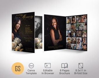 Classic Rose Tabloid Funeral Program Template, Canva, Black Gold, Magazine-Style, Obituary Template, Celebration of Life, 8 Pages, 11x17 in