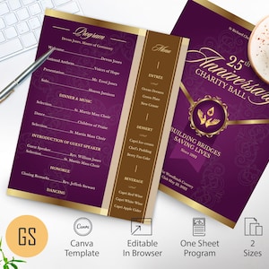Lila Gold Jubiläums-Gala-Programmvorlage für Canva, One-Sheet, Kirche oder Pastor Bankett, bearbeitbarer druckbarer digitaler Download, 2 Größen
